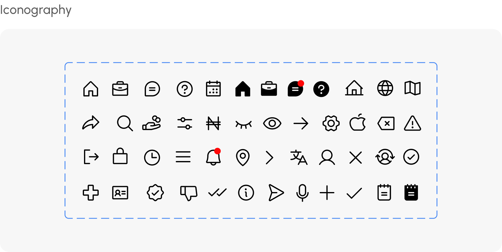 Hustle style guide — iconography set used across the app